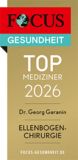 FOCUS-Siegel „TOP Mediziner 2026 – Ellenbogenchirurgie“ für Dr. Georg Garanin FOCUS-Siegel „TOP Mediziner 2026 – Ellenbogenchirurgie“ für Dr. Georg Garanin