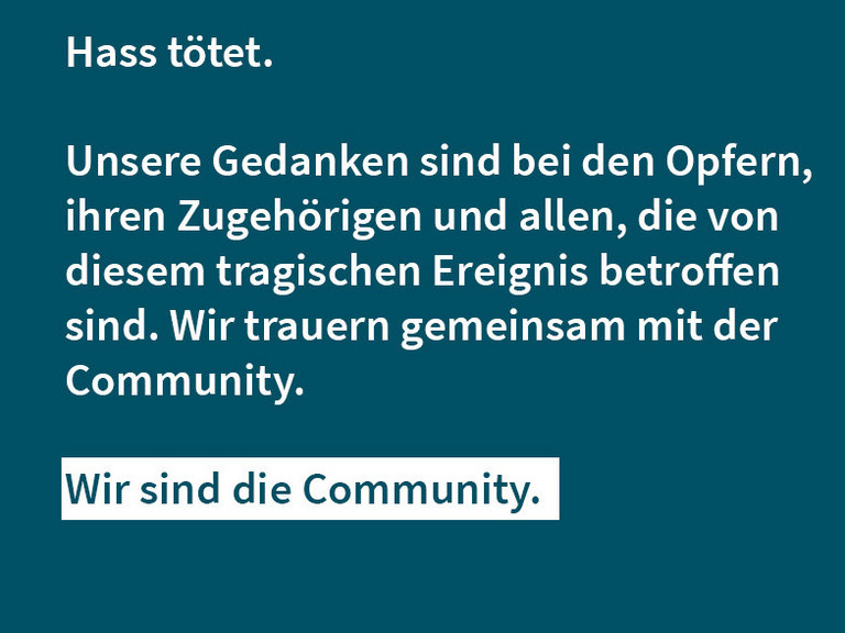 Das in Regenbogenfarben eingefärbte Kreuzbandlogo der Immanuel Albertinen Diakonie und ein Text: "Hass tötet. Unsere Gedanken sind bei den Opfern, ihren Zugehörigen und allen, die von diesem tragischen Ereignis betroffen sind. Wir trauern gemeinsam mit der Community. Wir sind die Community." Das in Regenbogenfarben eingefärbte Kreuzbandlogo der Immanuel Albertinen Diakonie und ein Text: "Hass tötet. Unsere Gedanken sind bei den Opfern, ihren Zugehörigen und allen, die von diesem tragischen Ereignis betroffen sind. Wir trauern gemeinsam mit der Community. Wir sind die Community."